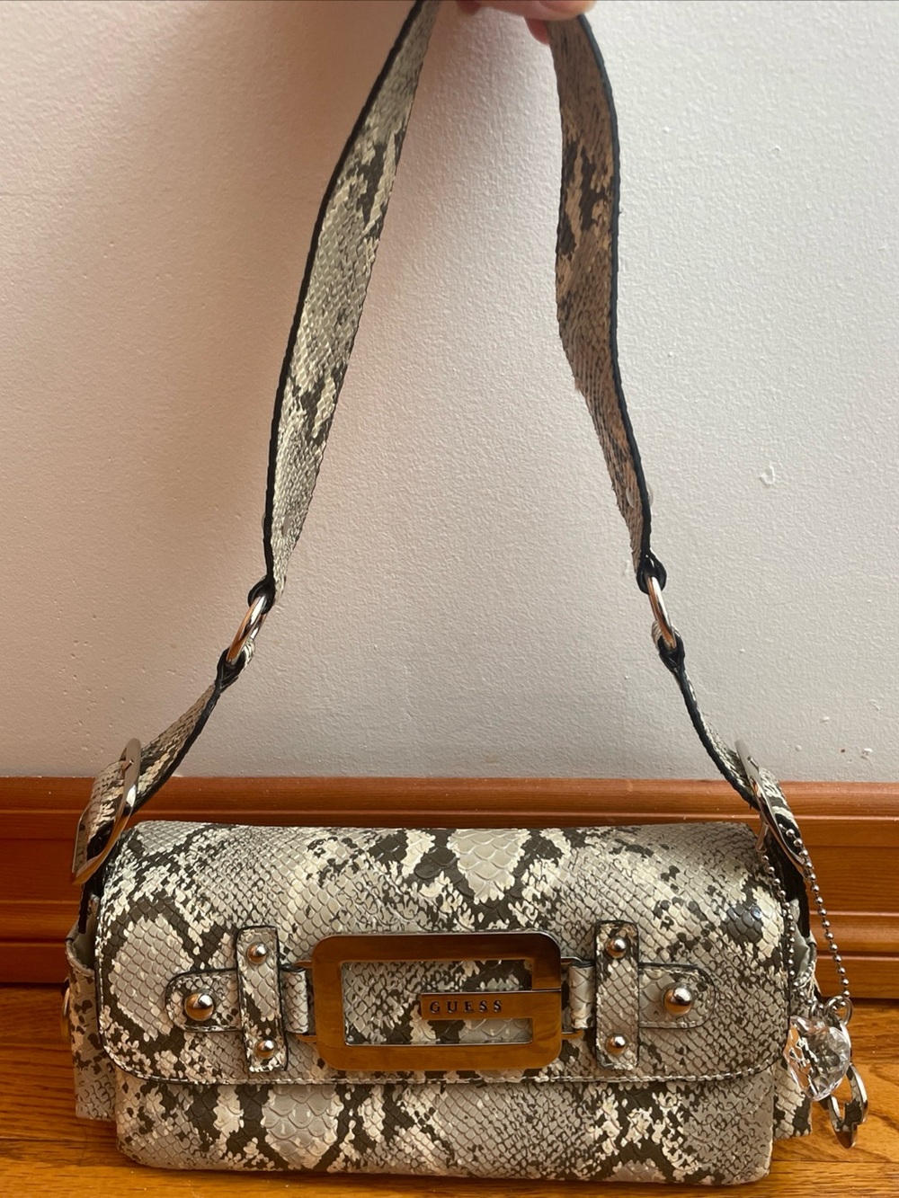 Vintage Guess Y2K Baguette Shoulder Bag Faux Snakeskin Chrome Buckle Purse